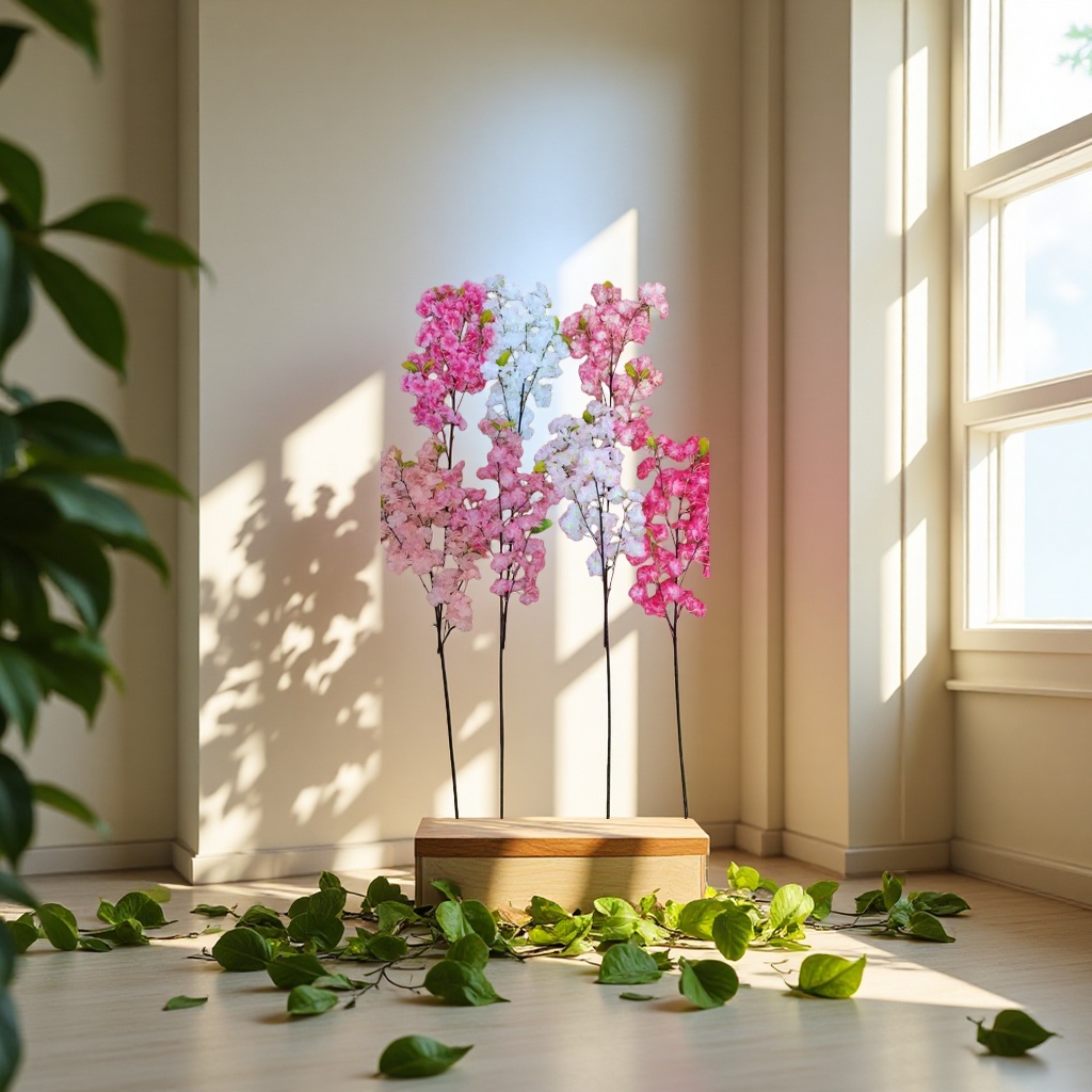 Artificial flower handicrafts, decorative flowers, artificial flowers, single cherry blossoms with leaves, in stock, colors can be customized Application Scenario