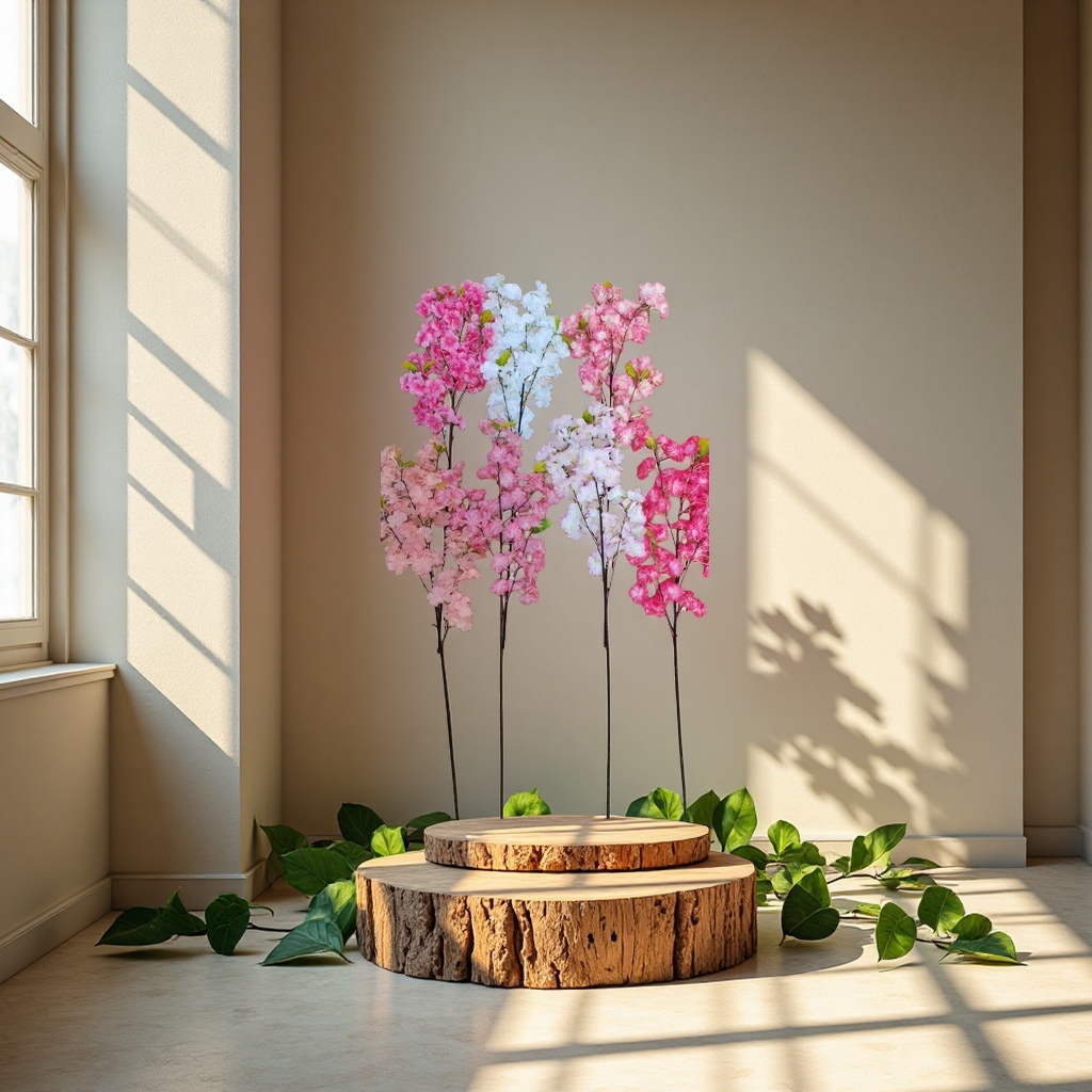 Artificial flower handicrafts, decorative flowers, artificial flowers, single cherry blossoms with leaves, in stock, colors can be customized details Picture
