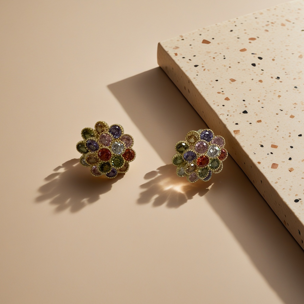 Colorful zircon flower women's earrings, Korean-style copper earrings, jewelry, stud earrings, fashionable and simple earrings Specification image
