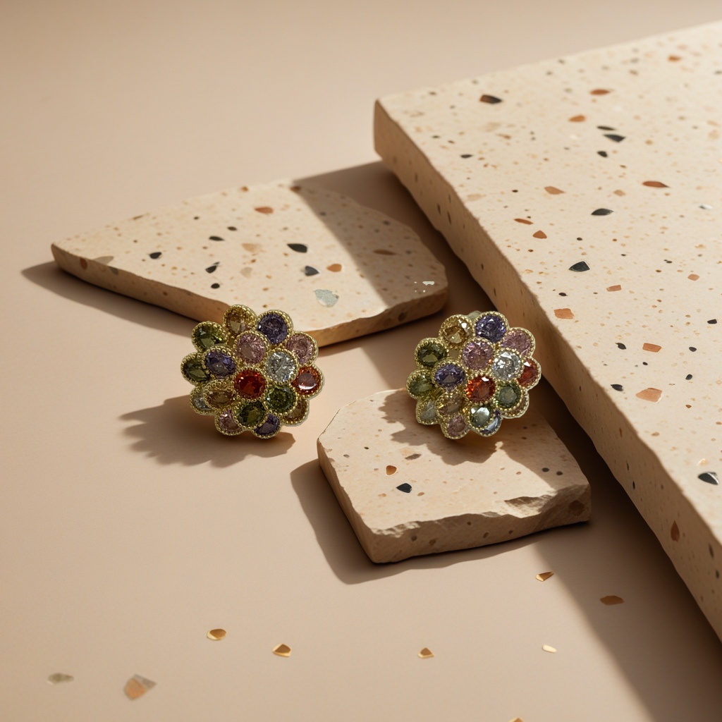 Colorful zircon flower women's earrings, Korean-style copper earrings, jewelry, stud earrings, fashionable and simple earrings