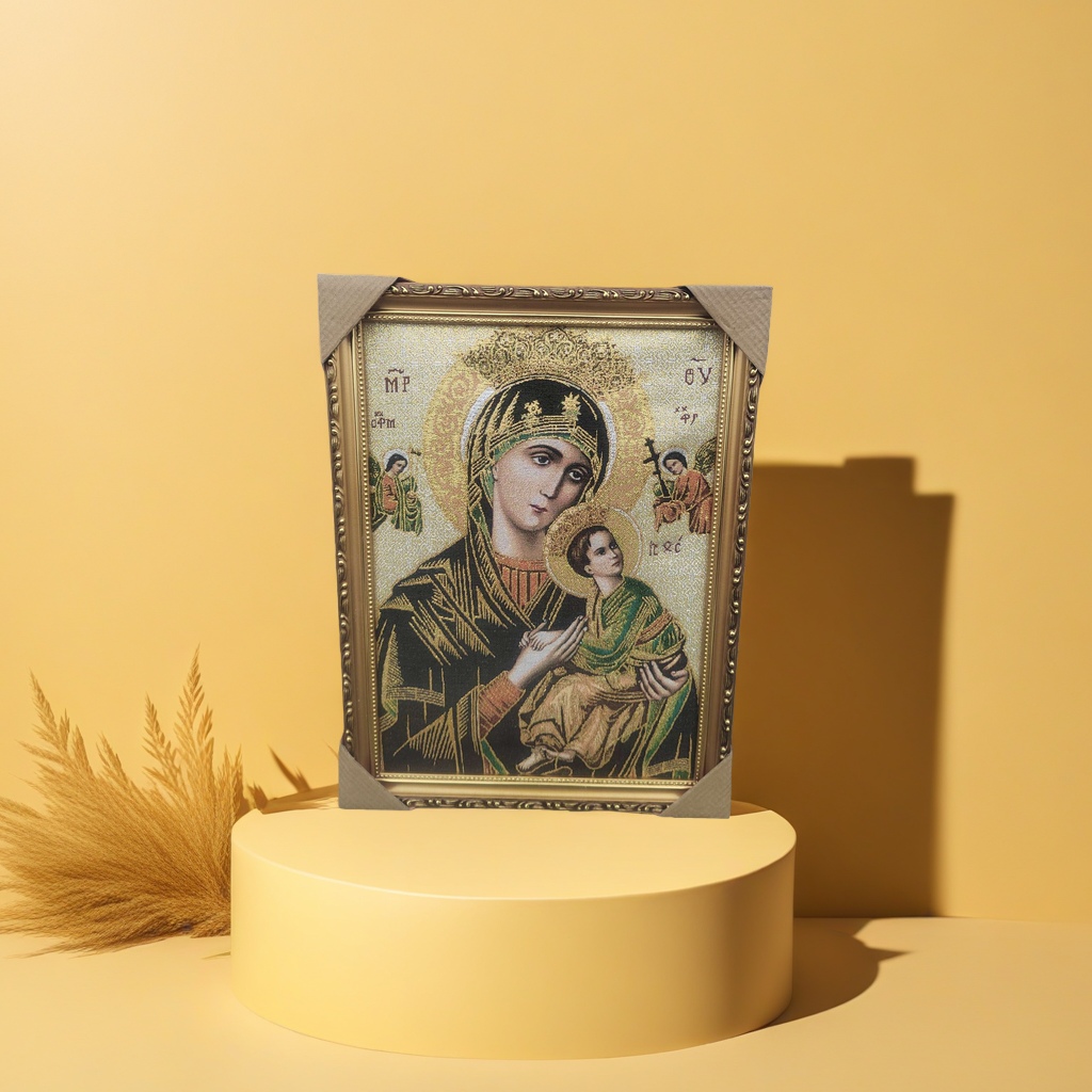 Religious decorative painting of the Virgin Mary holding the Son on gold silk cloth