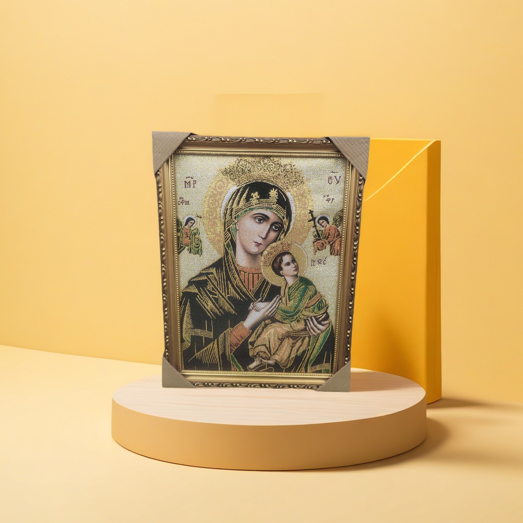 Religious decorative painting of the Virgin Mary holding the Son on gold silk cloth details Picture