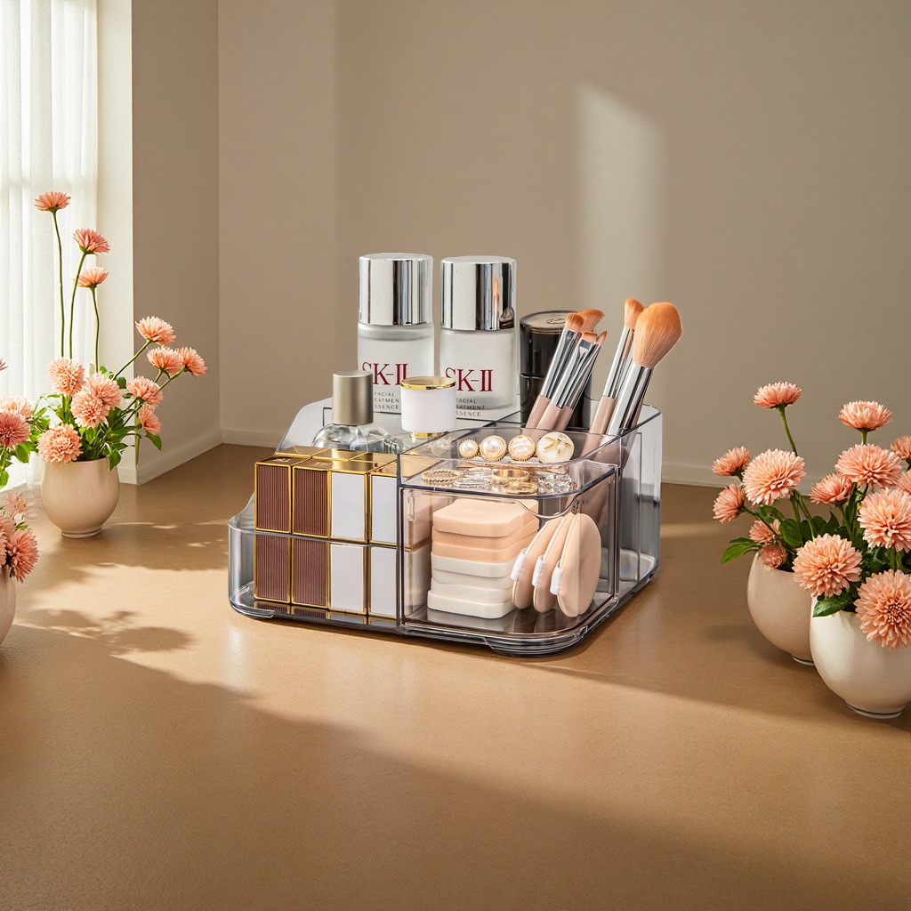 Desktop transparent cosmetics storage box and simple office stationery organization box details Picture