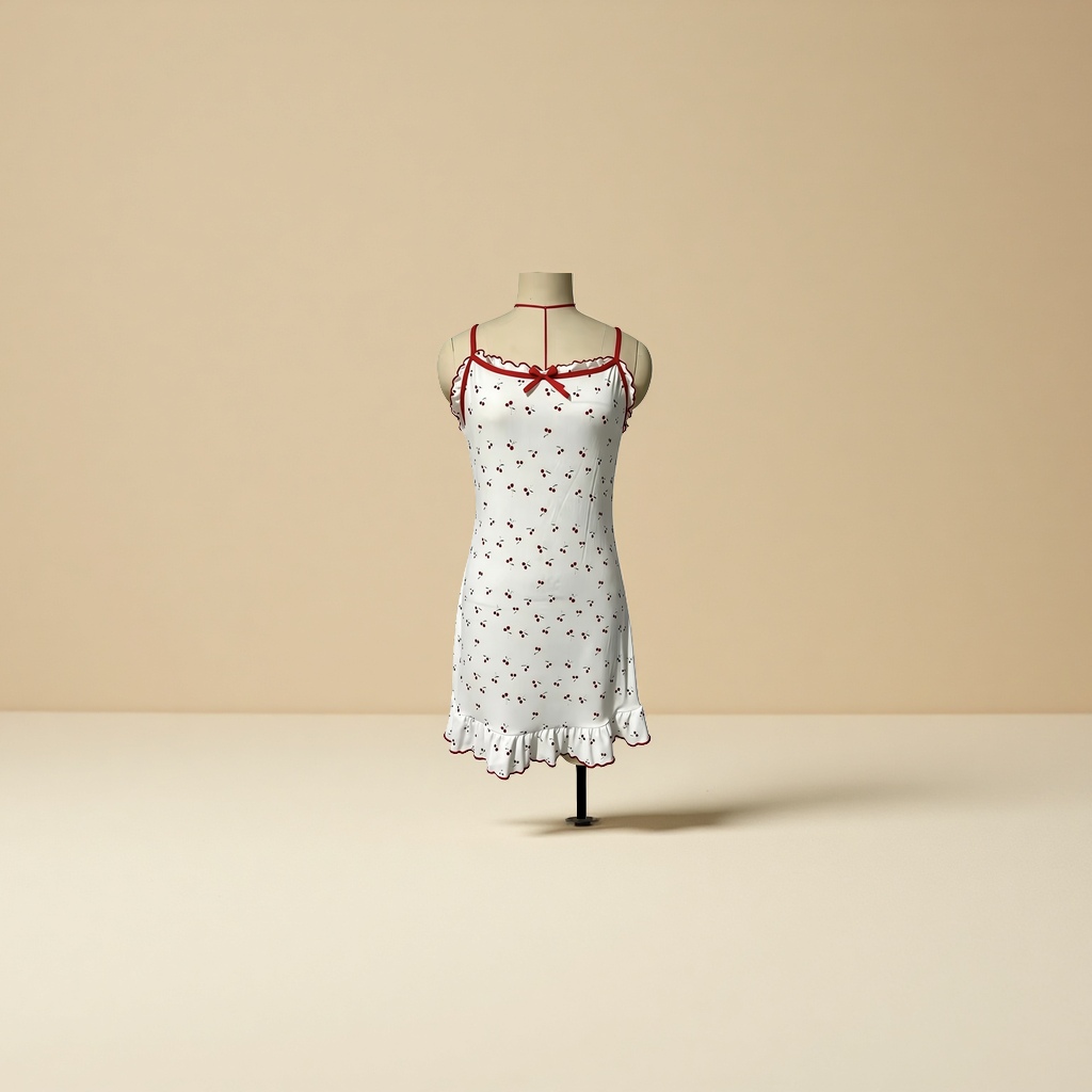 Ladies' spaghetti-strap pajamas with lace edges, butterfly ice silk home wear and sleeping skirts details Picture