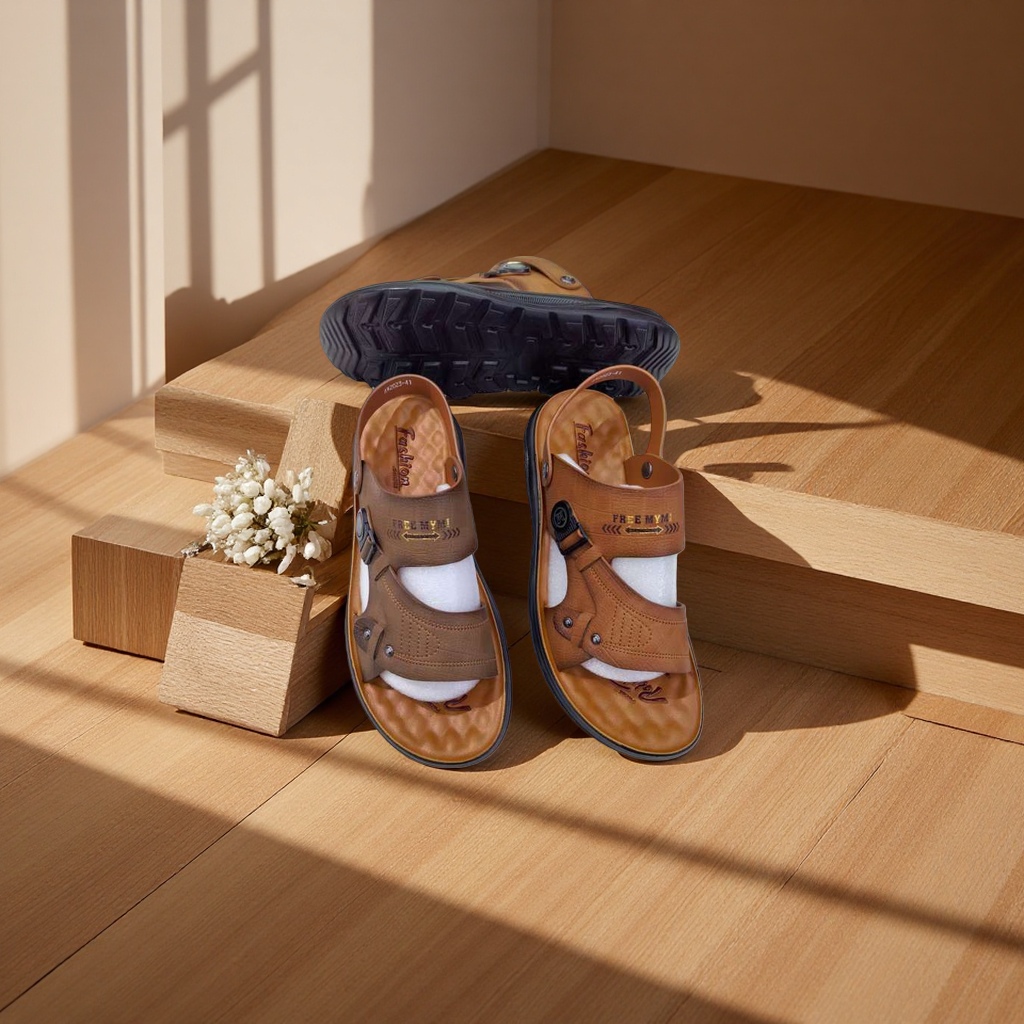 Fashionable and simple men's leather home slippers details Picture