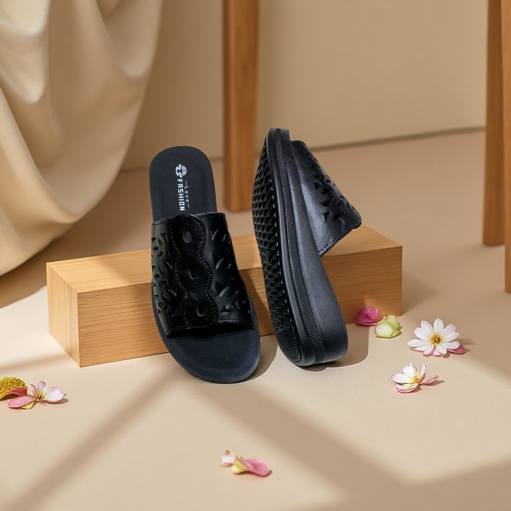 Women's leather home slippers, anti-slip, comfortable for home use, breathable, black Application Scenario