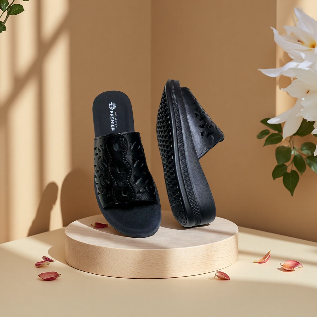 Women's leather home slippers, anti-slip, comfortable for home use, breathable, black Specification image