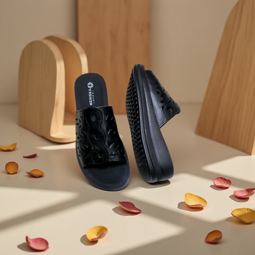 Women's leather home slippers, anti-slip, comfortable for home use, breathable, black details Picture