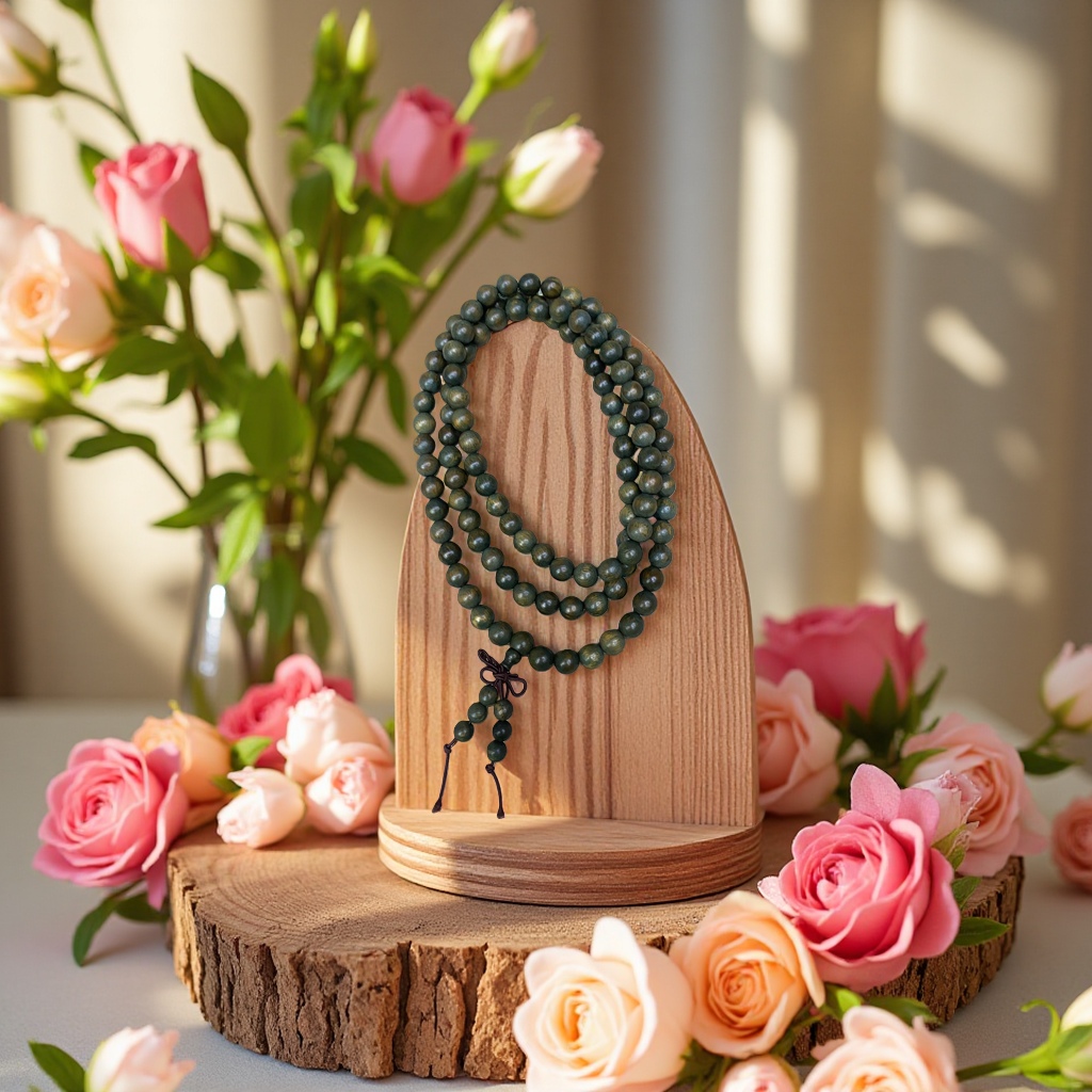 Green sandalwood 108-bead Buddhist prayer beads wooden bracelet for spiritual practice, made of carefully selected natural materials Application Scenario