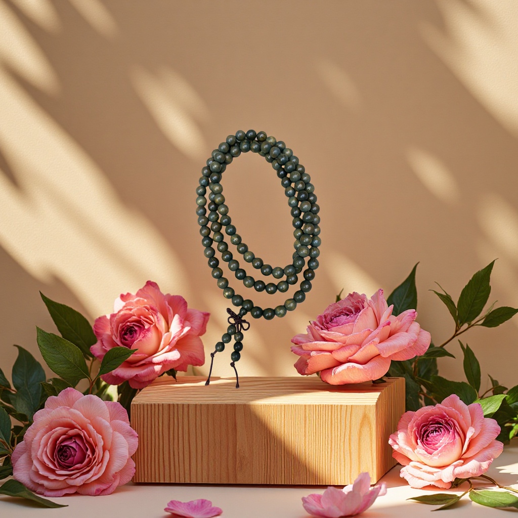 Green sandalwood 108-bead Buddhist prayer beads wooden bracelet for spiritual practice, made of carefully selected natural materials details Picture