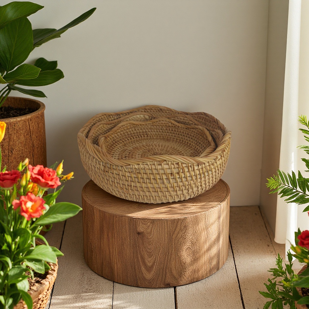 Rattan storage basket, handmade beach bag, rattan products, rice pot basket, earless woven blue Application Scenario