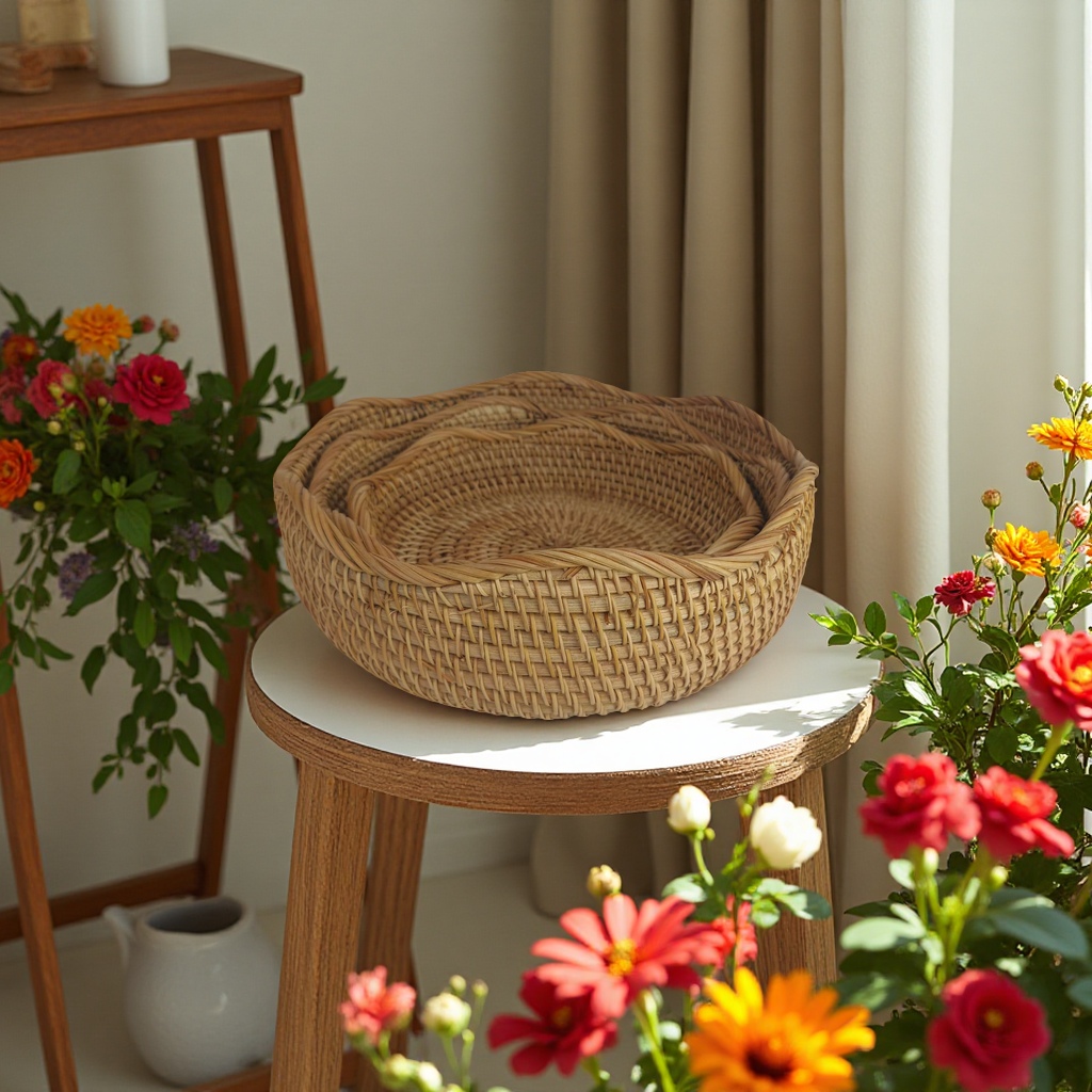 Rattan storage basket, handmade beach bag, rattan products, rice pot basket, earless woven blue Specification image