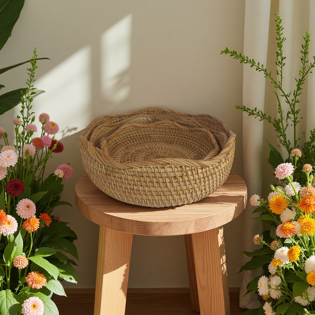 Rattan storage basket, handmade beach bag, rattan products, rice pot basket, earless woven blue details Picture