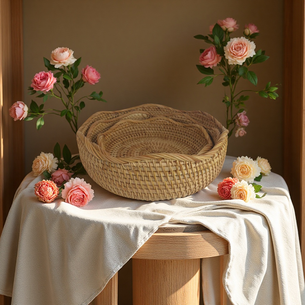 Rattan storage basket, handmade beach bag, rattan products, rice pot basket, earless woven blue 091543370 Specification image