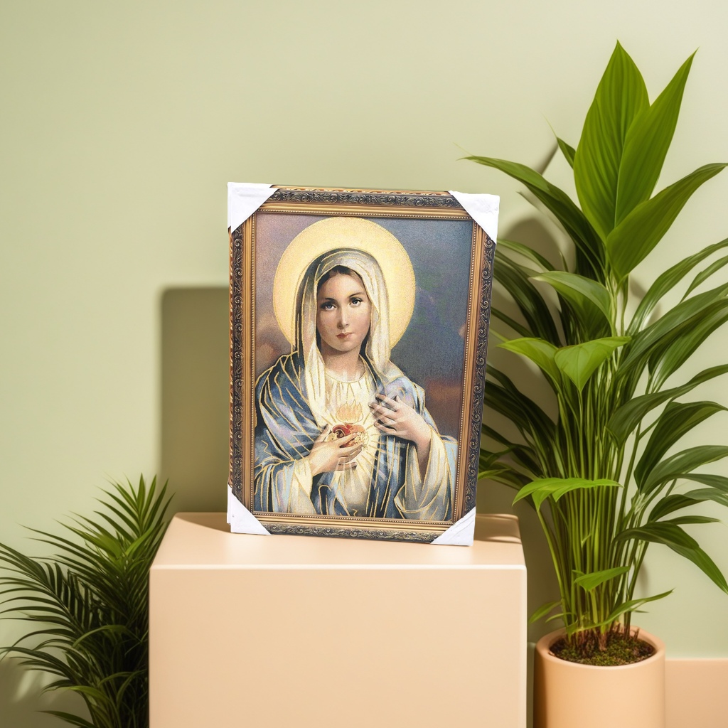 Virgin Mary religious decorative painting embroidery technique, gold thread cloth painting embroidery