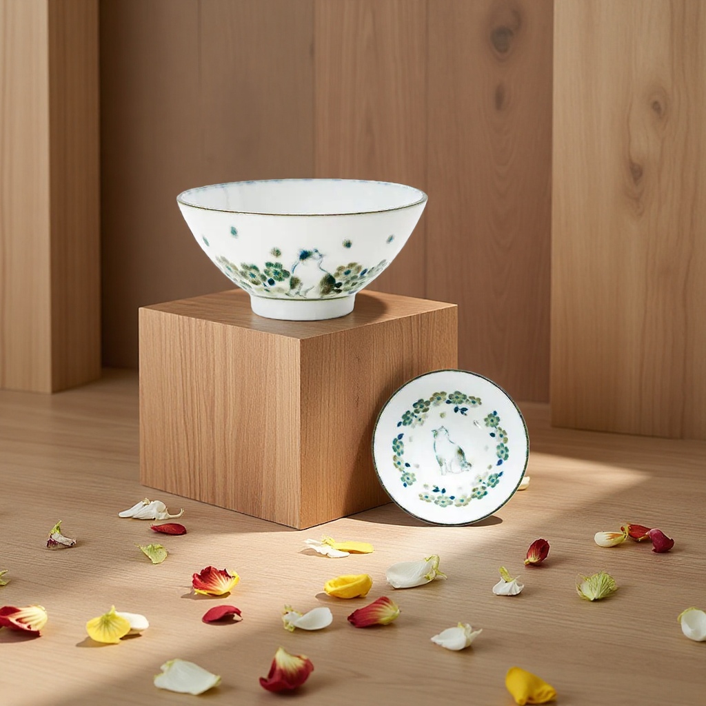 New round Japanese imported plates and plates, household flower cat ceramic tableware, Japanese underglaze color deep plates and plates details Picture