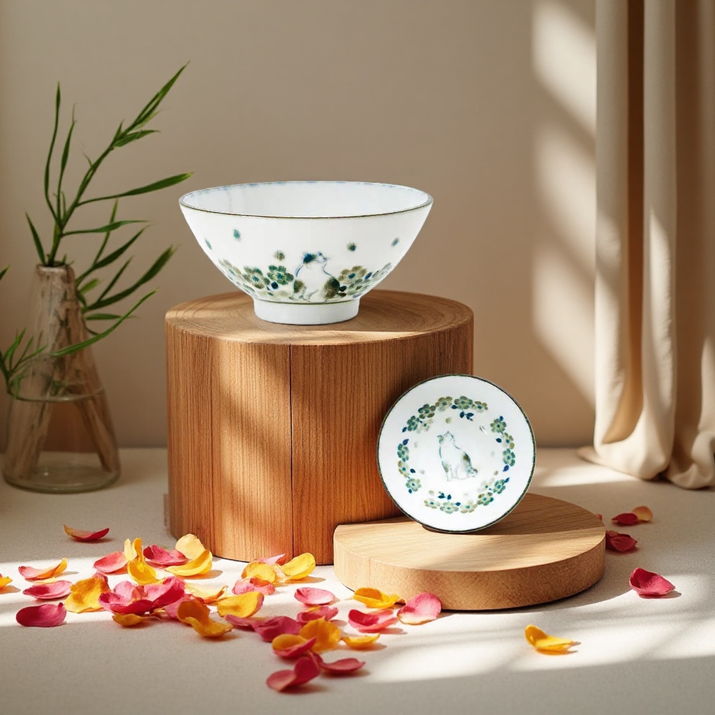 New round Japanese imported plates and plates, household flower cat ceramic tableware, Japanese underglaze color deep plates and plates Application Scenario