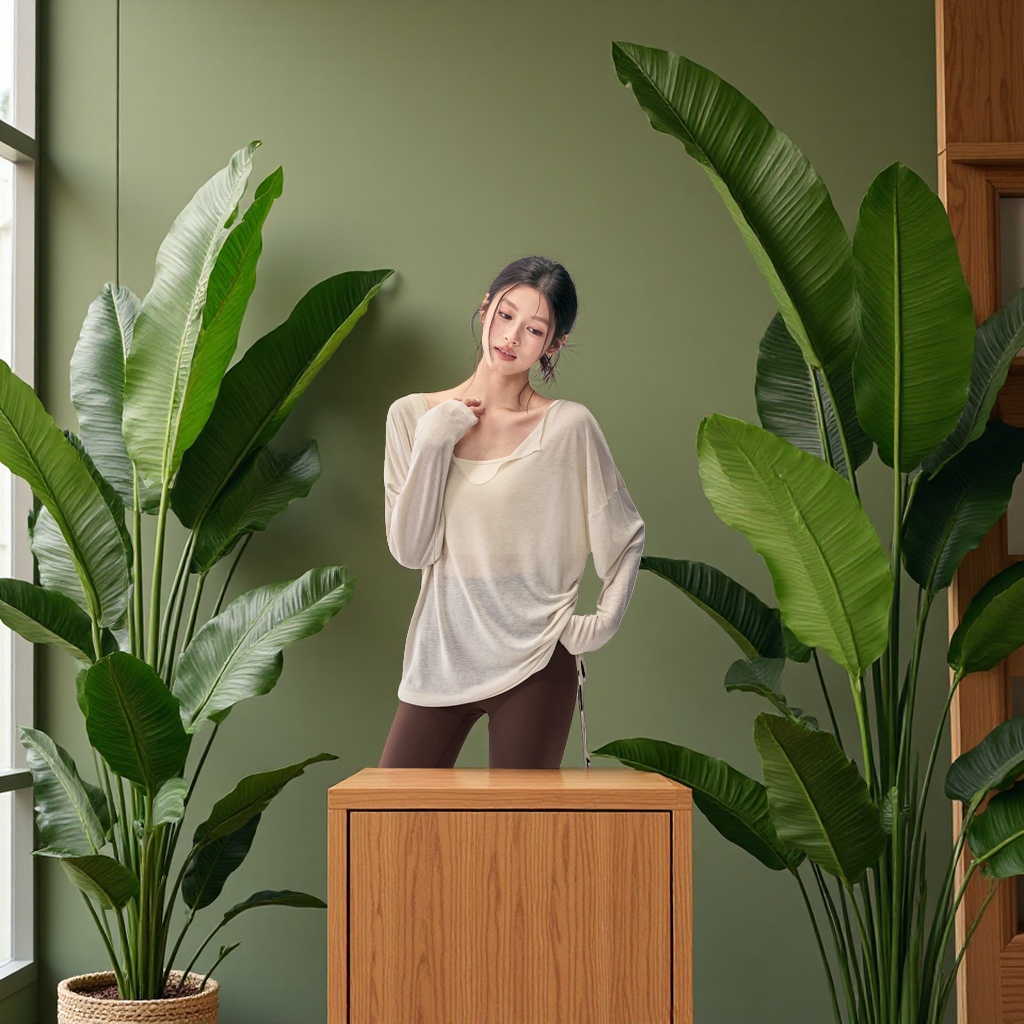 Loose yoga wear for fitness girls, casual and slimming solid-color smock, V-neck breathable long-sleeved Pilates training wear details Picture