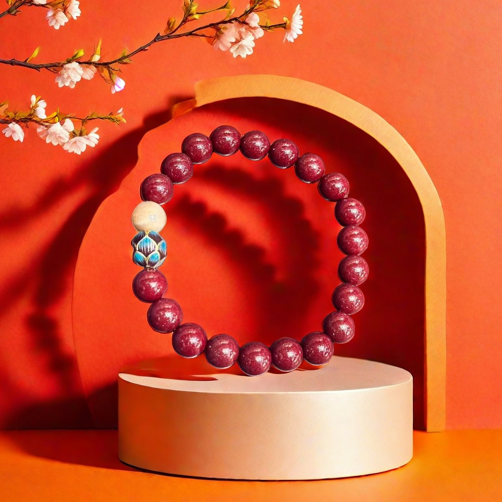 朱砂静心莲花手链太阳石高含量景泰蓝铜镀白鹿同款产品图