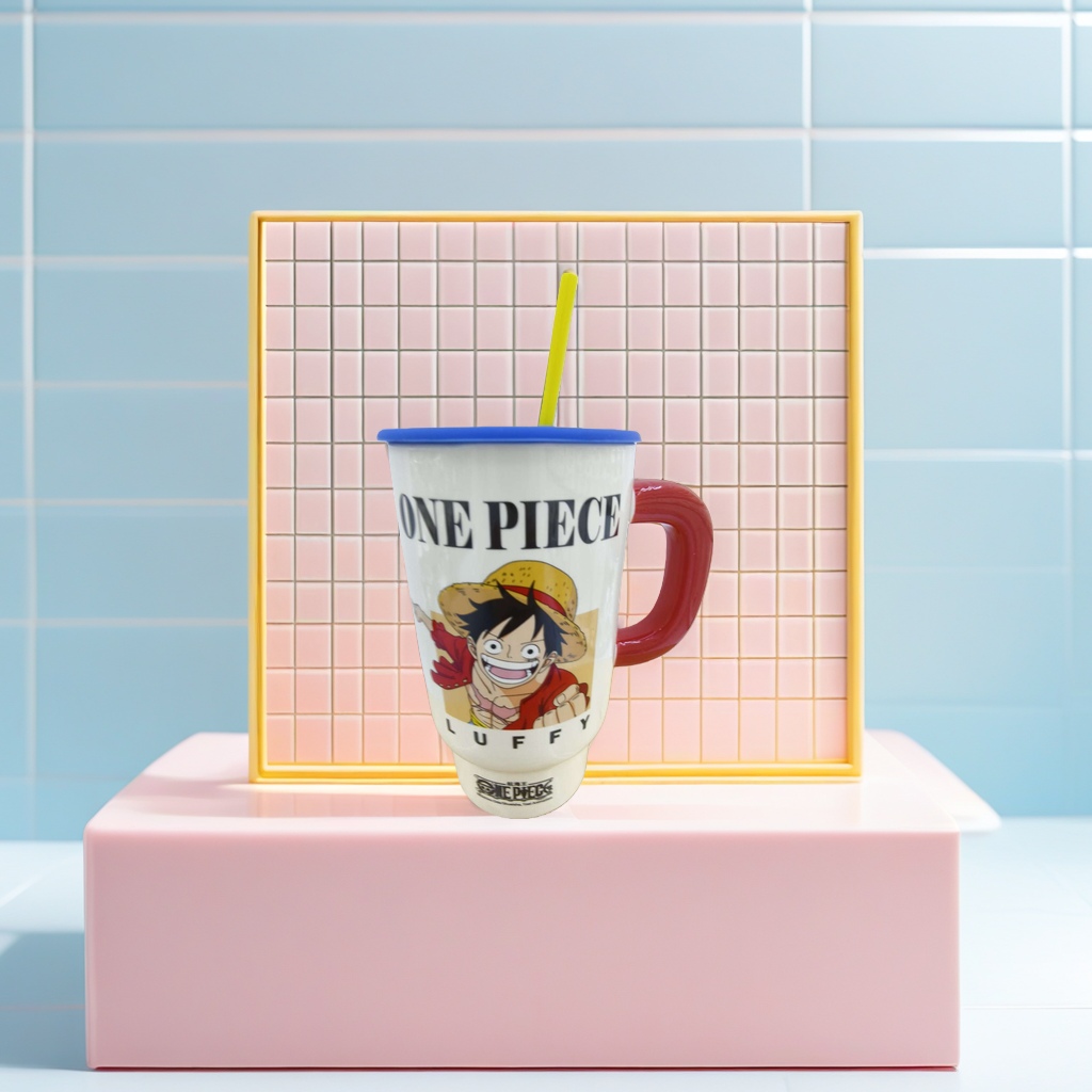 Limei Ceramic One Piece officially authorized ceramic cups, water cups, mugs with LIDS and straws, coffee cups, high appearance level, cute for children details Picture