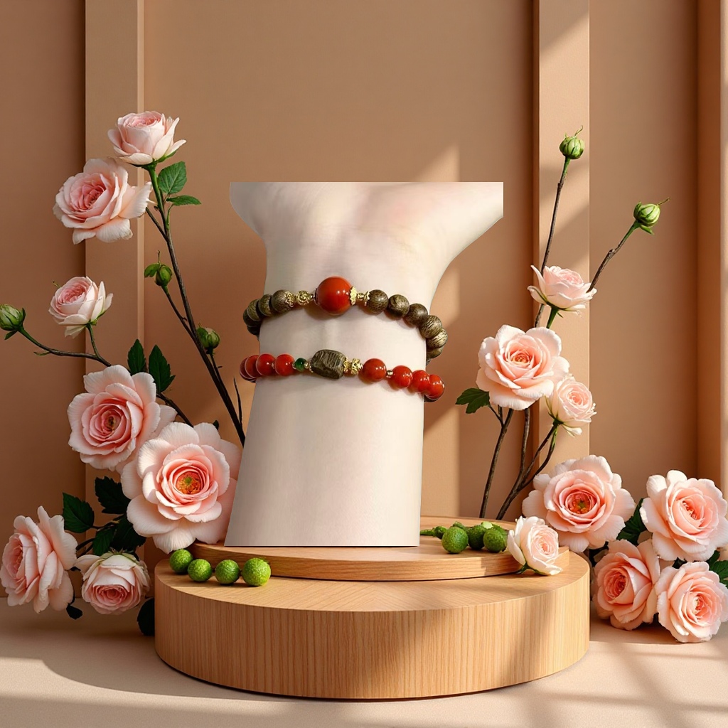 Old material agarwood two-ring bracelet for women, red jade 925 silver original design Specification image