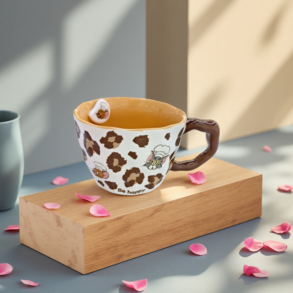 Limei Ceramic Tom and Jerry officially authorized ceramic cups, water cups and coffee cups, high appearance level, cute children's leopard print brown details Picture