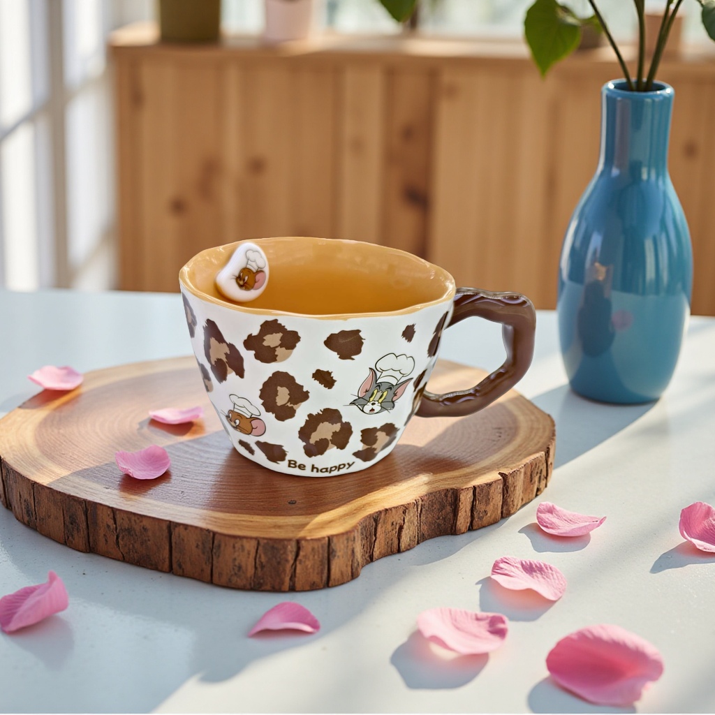 Limei Ceramic Tom and Jerry officially authorized ceramic cups, water cups and coffee cups, high appearance level, cute children's leopard print brown Application Scenario