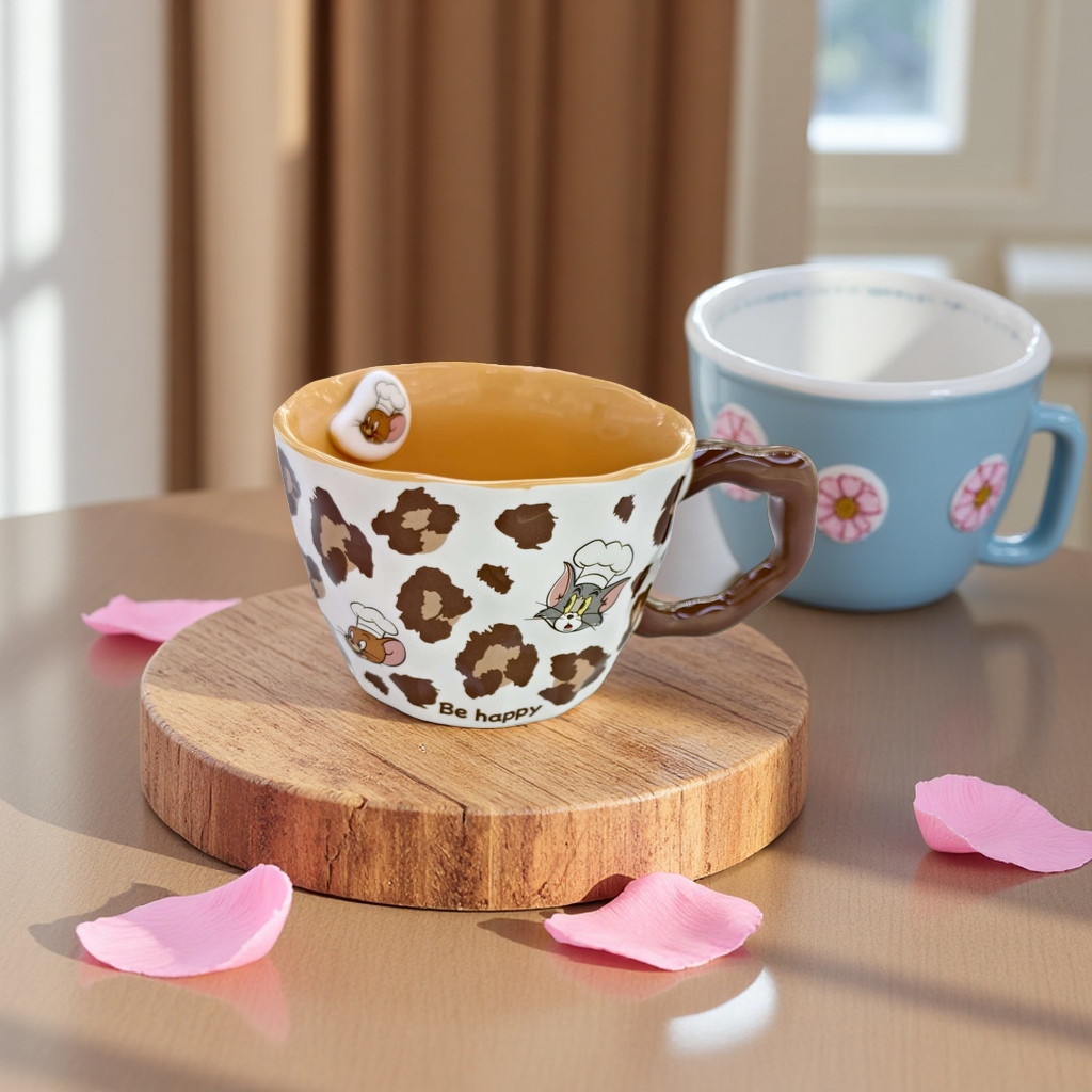 Limei Ceramic Tom and Jerry officially authorized ceramic cups, water cups and coffee cups, high appearance level, cute children's leopard print brown Specification image