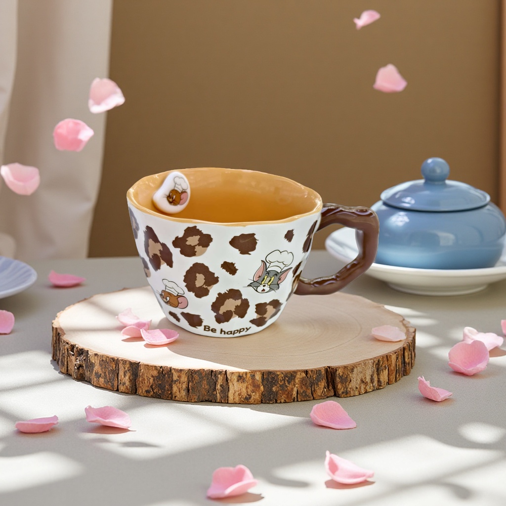 Limei Ceramic Tom and Jerry officially authorized ceramic cups, water cups and coffee cups, high appearance level, cute children's leopard print brown