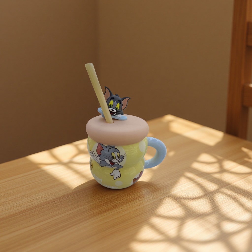丽玫陶瓷猫和老鼠汤姆和杰瑞正版授权葫芦杯陶瓷杯水杯马克杯带盖带吸管咖啡杯高颜值可爱儿童黄色