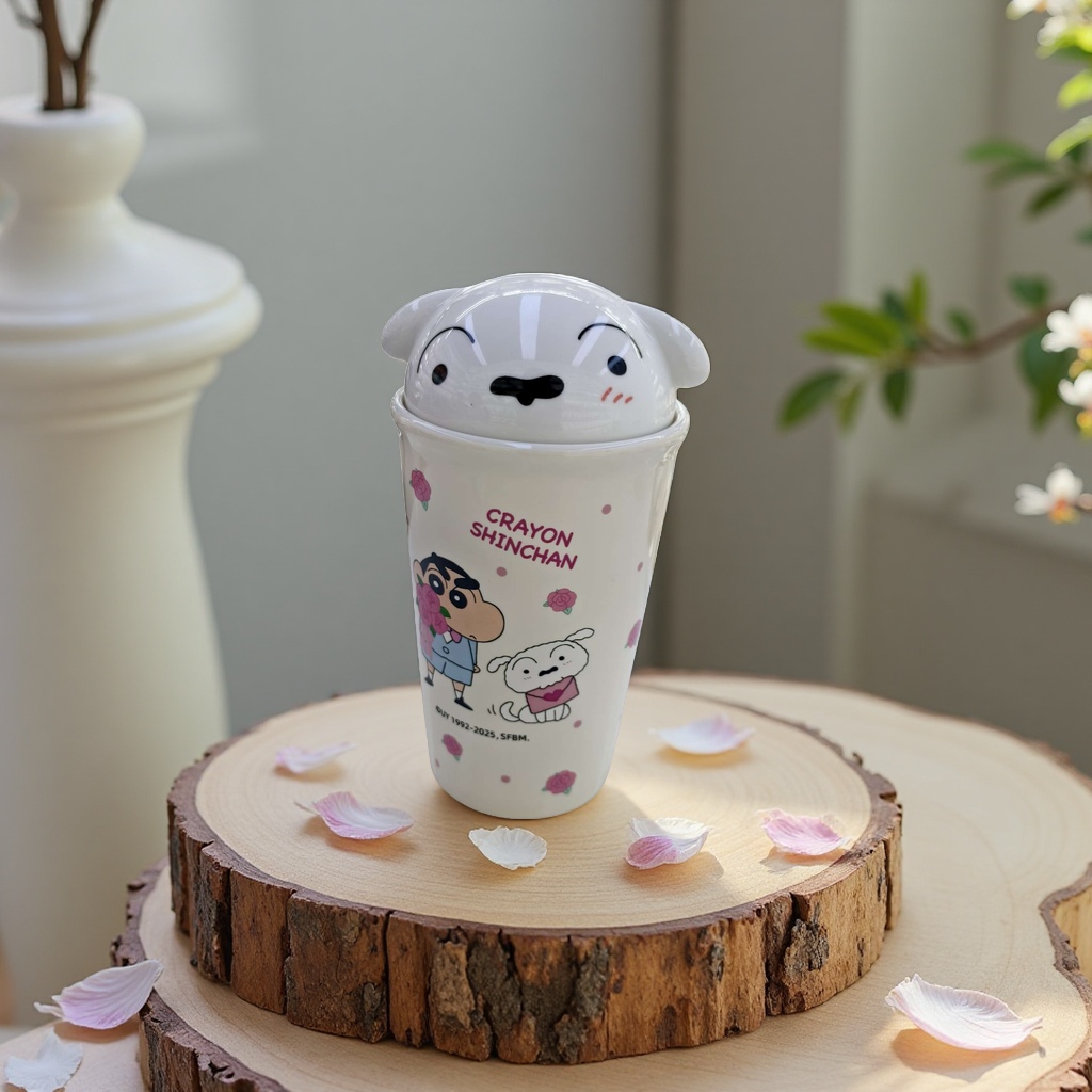 Limei Ceramic Crayon Shin-chan Xiaobai, genuine ceramic cups, water cups with LIDS, coffee cups, high appearance level, design sense, cute children details Picture