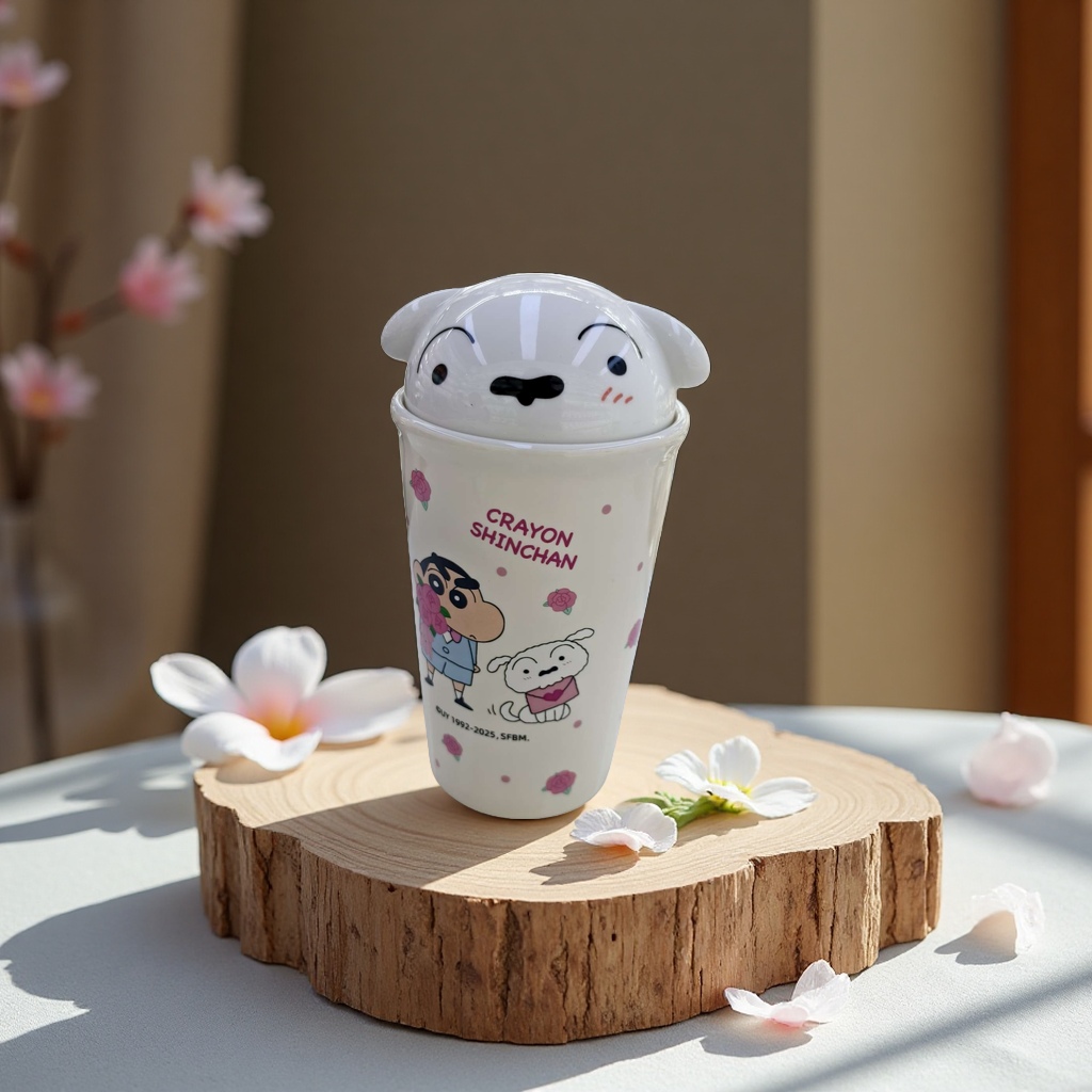 Limei Ceramic Crayon Shin-chan Xiaobai, genuine ceramic cups, water cups with LIDS, coffee cups, high appearance level, design sense, cute children