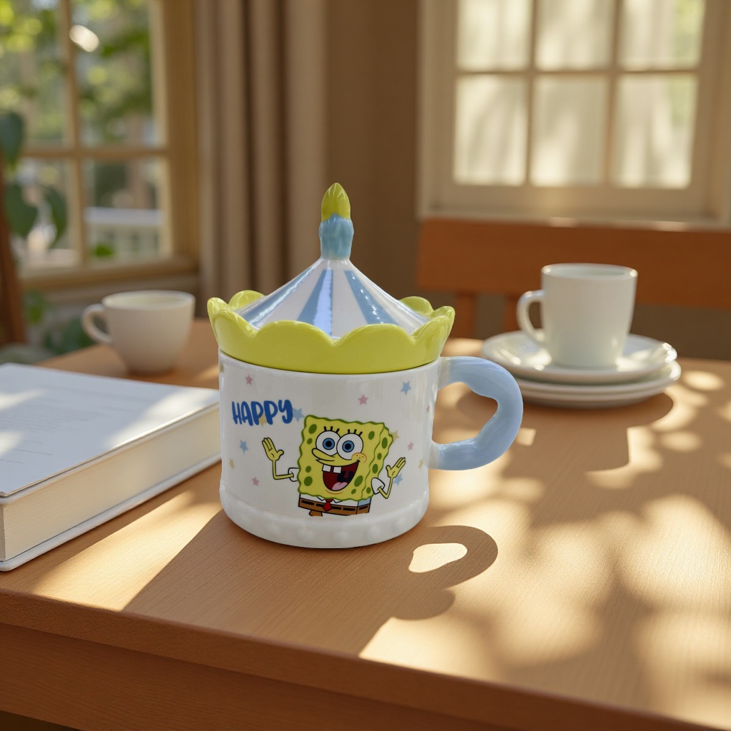 Limei Ceramic SpongeBob SquarePants genuine ceramic cup, water cup with lid, carousel shaped coffee cup, high appearance level, design sense, cute children Specification image