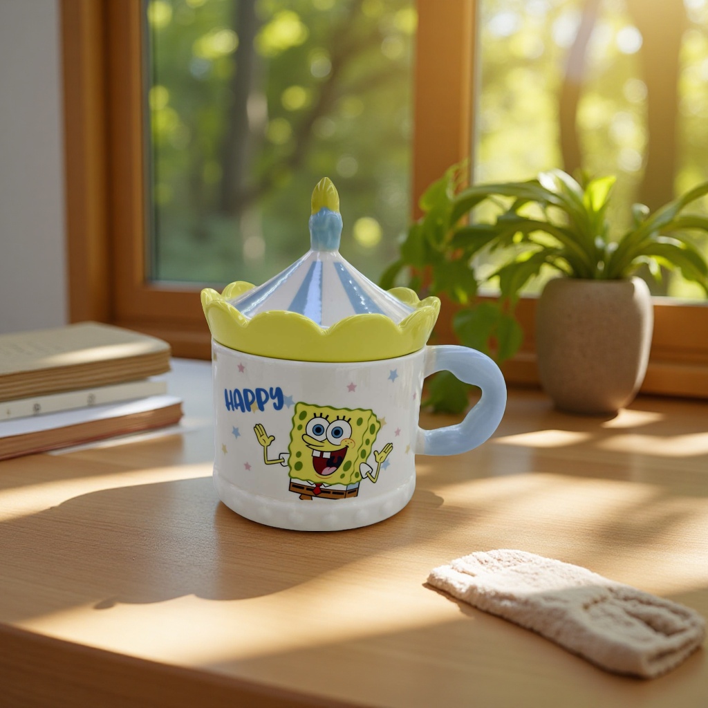 Limei Ceramic SpongeBob SquarePants genuine ceramic cup, water cup with lid, carousel shaped coffee cup, high appearance level, design sense, cute children Application Scenario