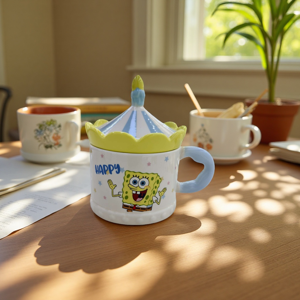 Limei Ceramic SpongeBob SquarePants genuine ceramic cup, water cup with lid, carousel shaped coffee cup, high appearance level, design sense, cute children details Picture