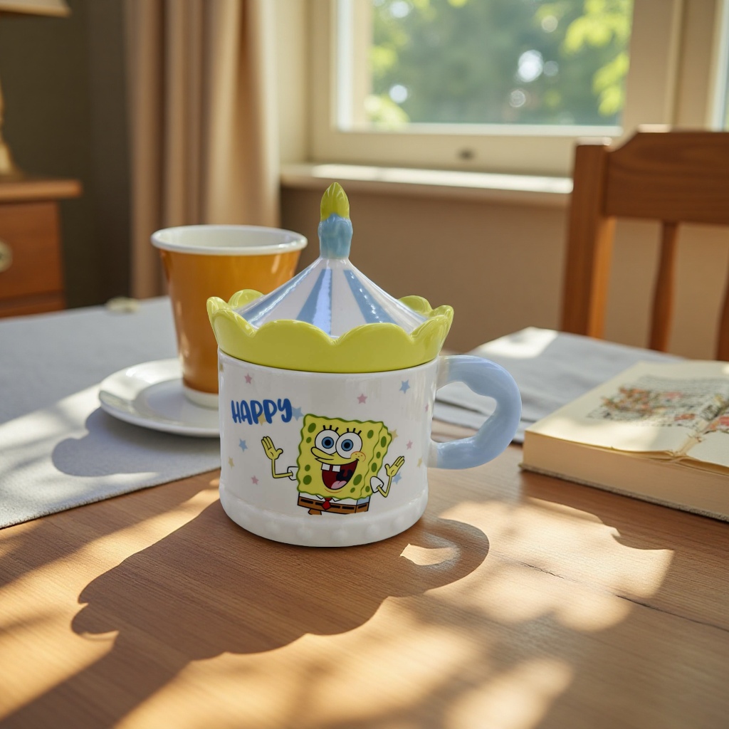 Limei Ceramic SpongeBob SquarePants genuine ceramic cup, water cup with lid, carousel shaped coffee cup, high appearance level, design sense, cute children