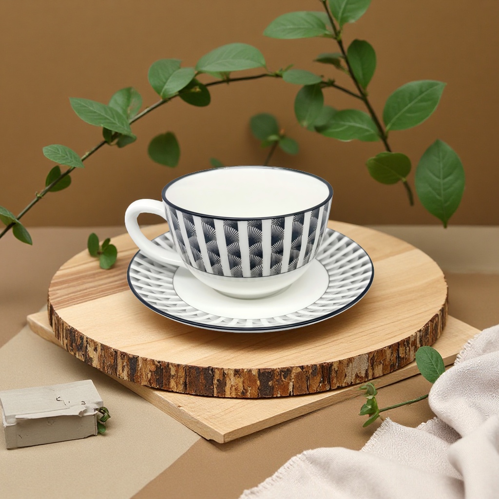 Nordic-style ceramic coffee cup and saucer set for home afternoon tea, simple striped mugs details Picture