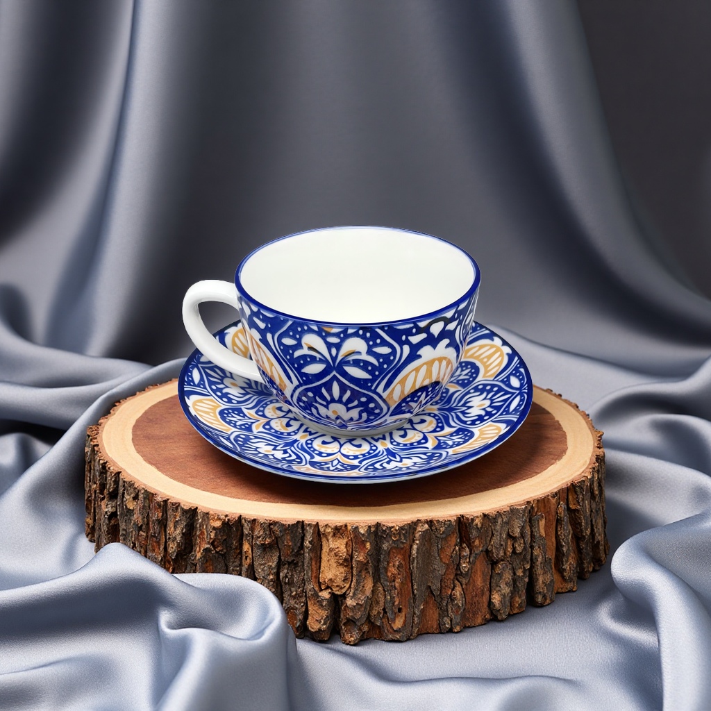European retro bone China coffee cup and saucer set, blue and white gilded light luxury afternoon tea ceramic latte cup