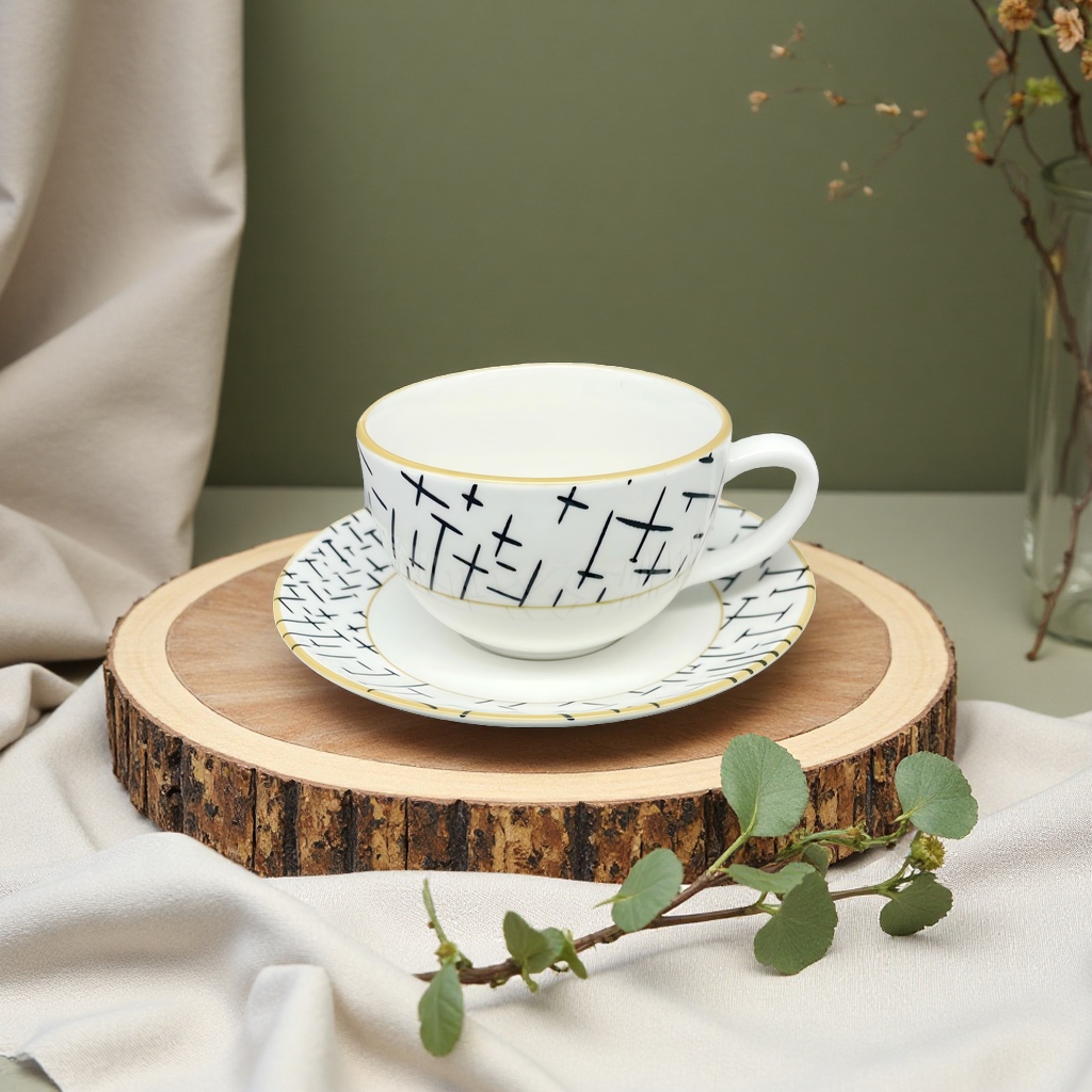Nordic-style ceramic coffee cup and saucer set for home afternoon tea, simple striped mugs Specification image