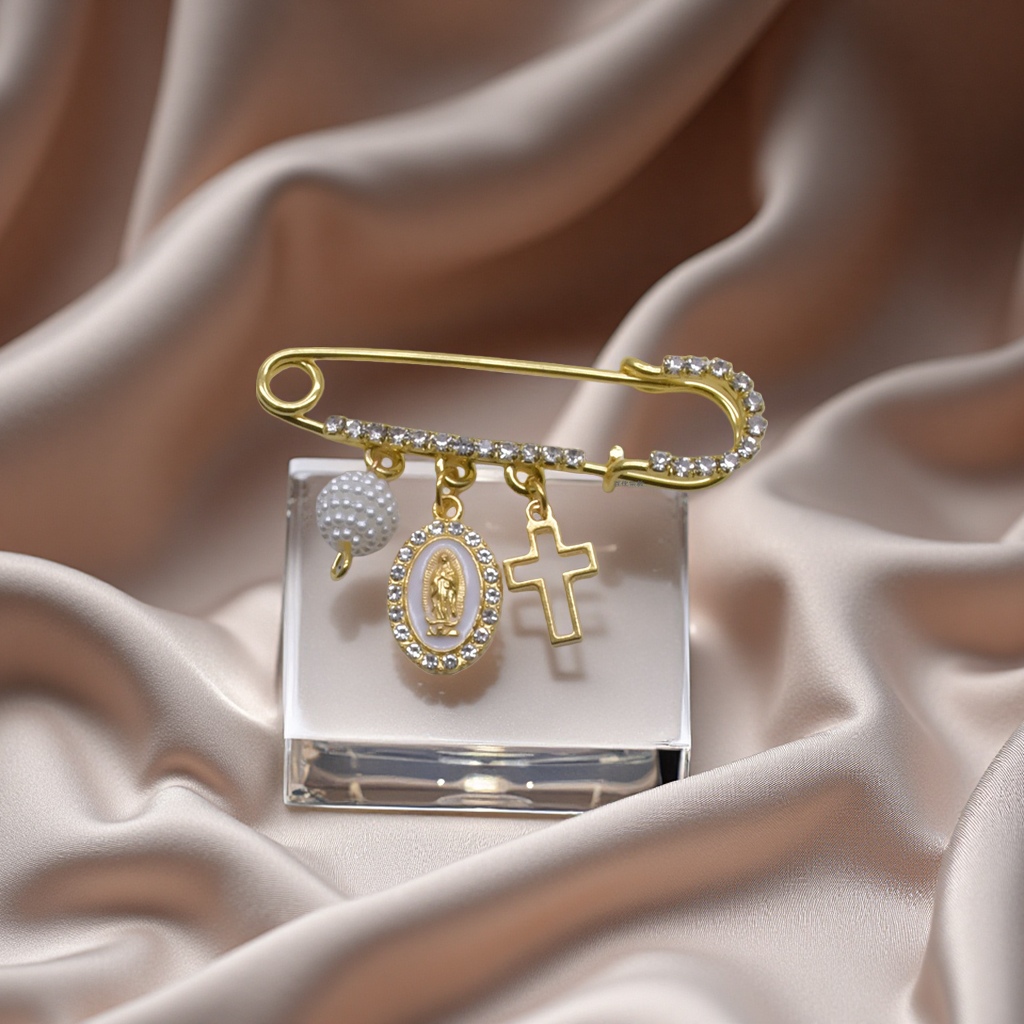Cross-border foreign trade Cross Virgin Mary, Little Chanel, pearl hollowed-out brooch, women's anti-exposure pin, pendant, clothing and handicrafts Specification image