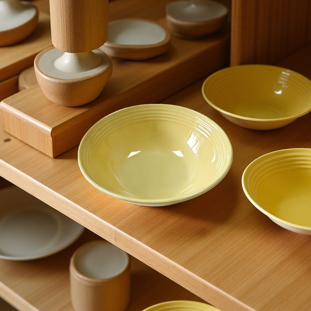 Yellow melamine round imitation porcelain soup bowl, commercial plastic seasoning soup bowl for canteens, imported baby and maternal feeding tableware details Picture