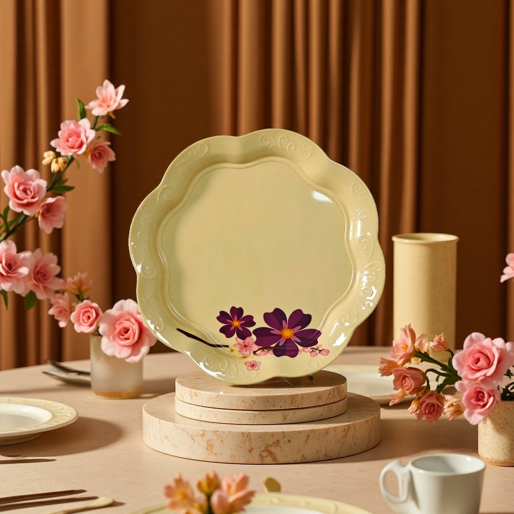 Commercial melamine yellow printed lace plate, scratch-resistant imitation porcelain, specially designed for hotel banquet display, plating and commemoration details Picture