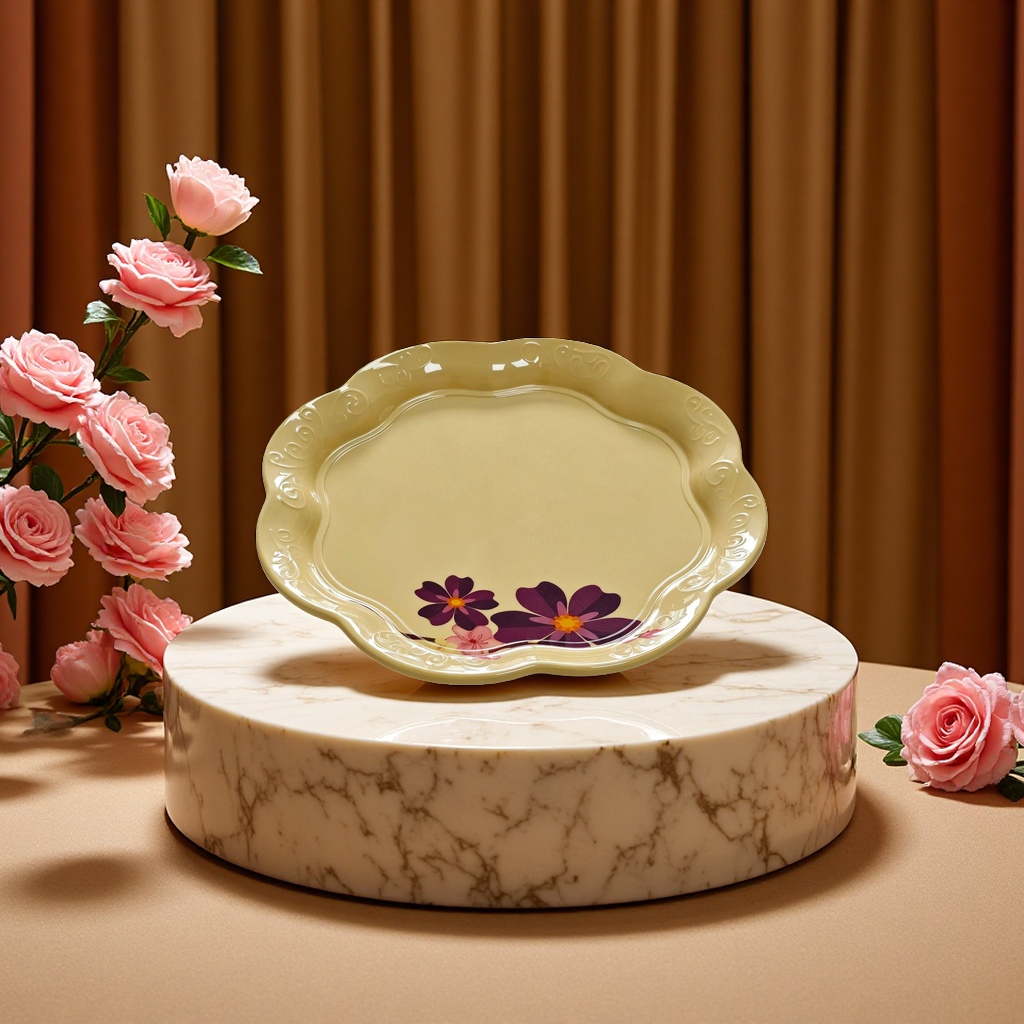 Commercial melamine yellow printed lace plate, scratch-resistant imitation porcelain, specially designed for hotel banquet display, plating and commemoration Specification image
