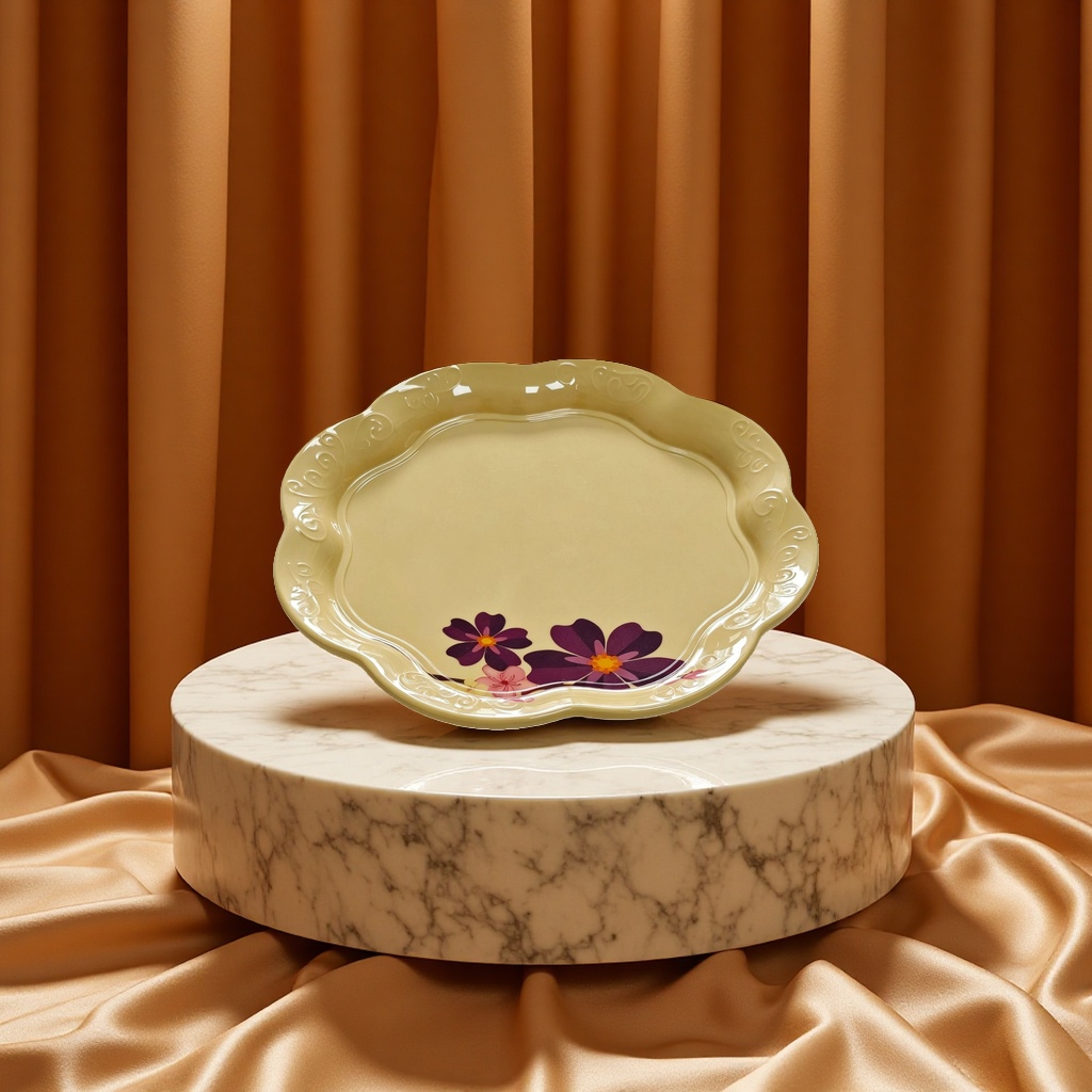 Commercial melamine yellow printed lace plate, scratch-resistant imitation porcelain, specially designed for hotel banquet display, plating and commemoration Application Scenario