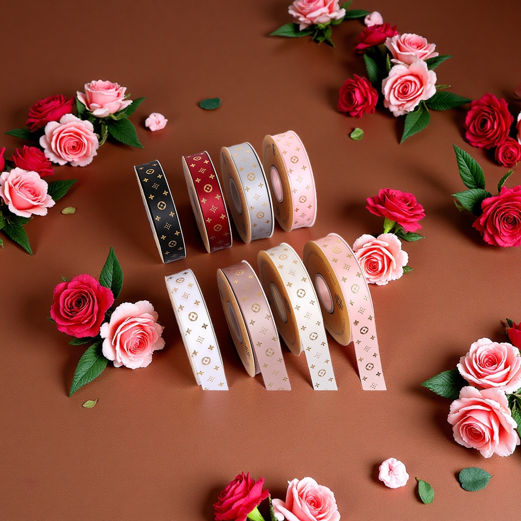 Small-batch customized polyester gilding copper coin pattern flower gift packaging ribbons, wedding candy boxes and souvenir ribbons