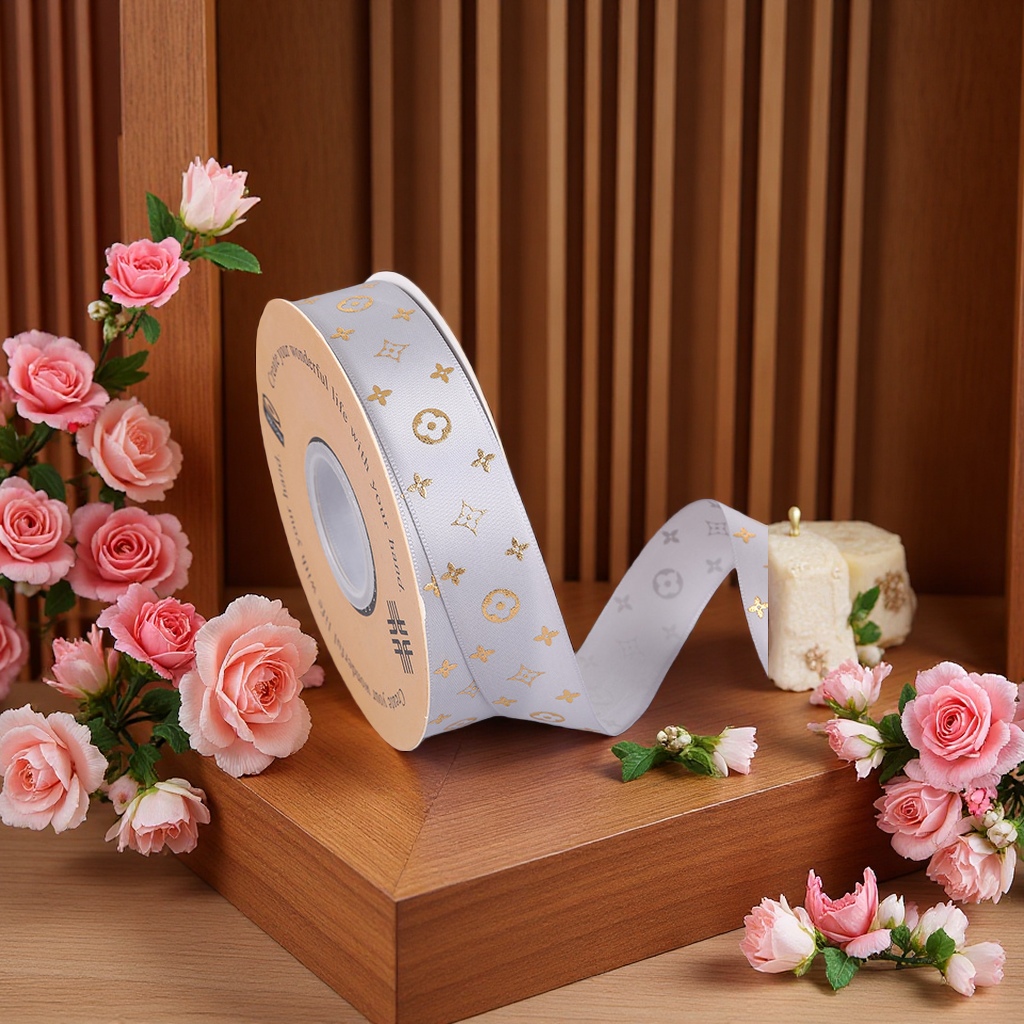 Small-batch customized polyester gilding copper coin pattern flower gift packaging ribbons, wedding candy boxes and souvenir ribbons details Picture