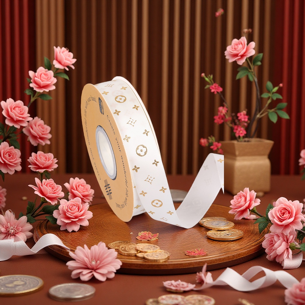 Small-batch customized polyester gilding copper coin pattern flower gift packaging ribbons, wedding candy boxes and souvenir ribbons Specification image
