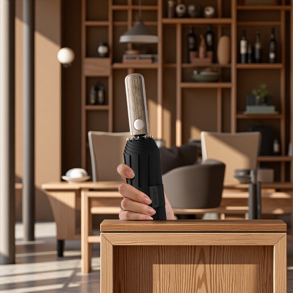 A light luxury business automatic umbrella with a wood-grain handle, black rubber sun protection, and a ten-bone folding umbrella for both weather and rain details Picture