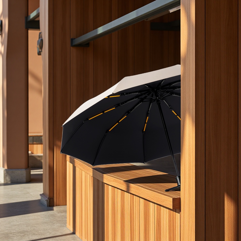 A light luxury business automatic umbrella with a wood-grain handle, black rubber sun protection, and a ten-bone folding umbrella for both weather and rain Specification image