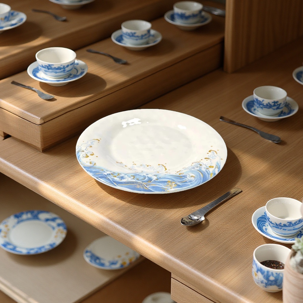 仿瓷金海浪密胺圆形盘子商用酒店饭店耐摔配菜水果盘 18cm Application Scenario
